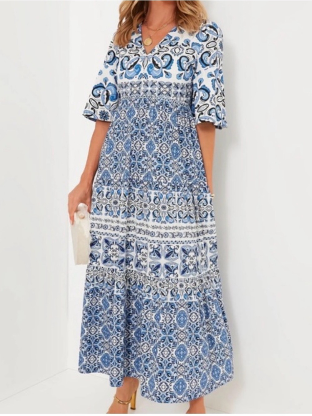 Tuckernuck Majolica Tile Ginger Maxi Dress M Boho Resortwear Euro Summer Coastal - Picture 2 of 8